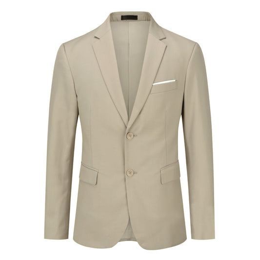 Beige # Men's slim fit 2-piece suit with peaked lapel and two-button closure, solid beige formal blazer jacket with matching flat-front trousers, classic elegant business wear for office, wedding, prom and daily events, isolated on white background.