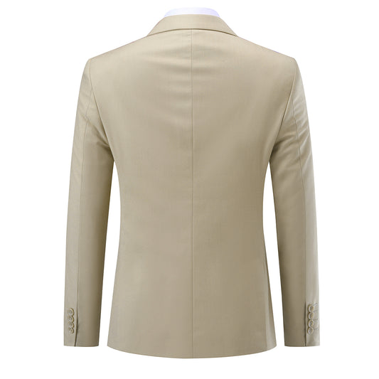Beige # Men's slim fit 2-piece suit with peaked lapel and two-button closure, solid beige formal blazer jacket with matching flat-front trousers, classic elegant business wear for office, wedding, prom and daily events, isolated on white background.