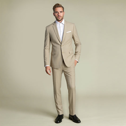 Beige # Men's slim fit 2-piece suit with peaked lapel and two-button closure, solid beige formal blazer jacket with matching flat-front trousers, classic elegant business wear for office, wedding, prom and daily events, isolated on white background.