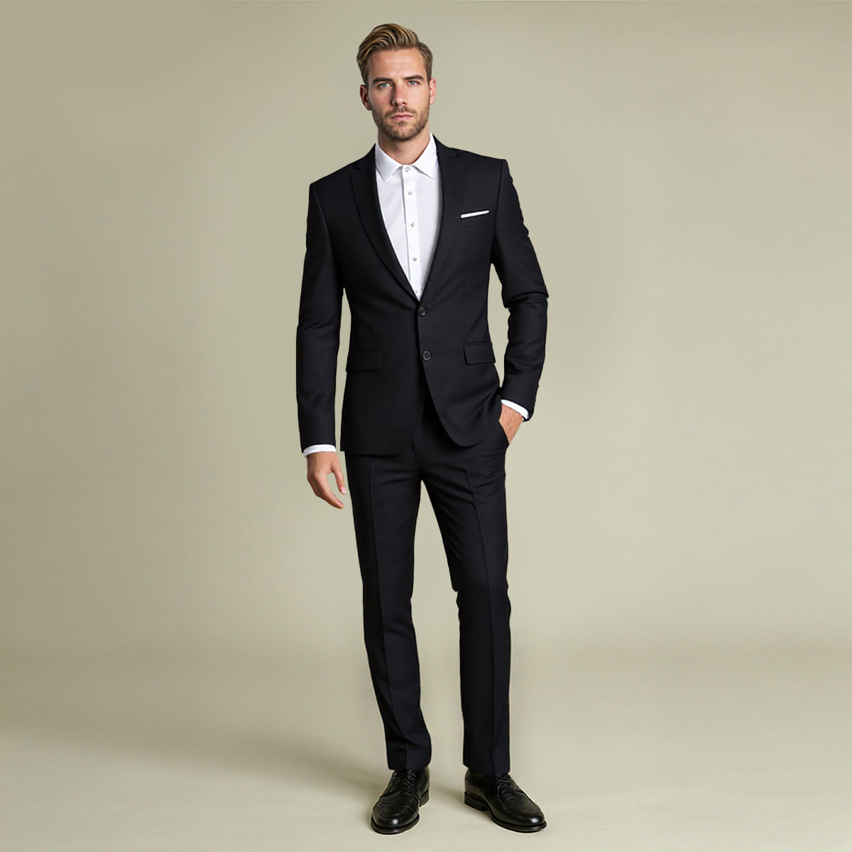 Black # Men's slim fit 2-piece suit with peaked lapel and two-button closure, solid black formal blazer jacket with four-button sleeve and matching flat-front trousers with extended waist strap, classic elegant business wear for office, wedding, prom and daily events, isolated on white background.