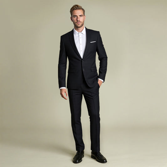 Black # Men's slim fit 2-piece suit with peaked lapel and two-button closure, solid black formal blazer jacket with four-button sleeve and matching flat-front trousers with extended waist strap, classic elegant business wear for office, wedding, prom and daily events, isolated on white background.