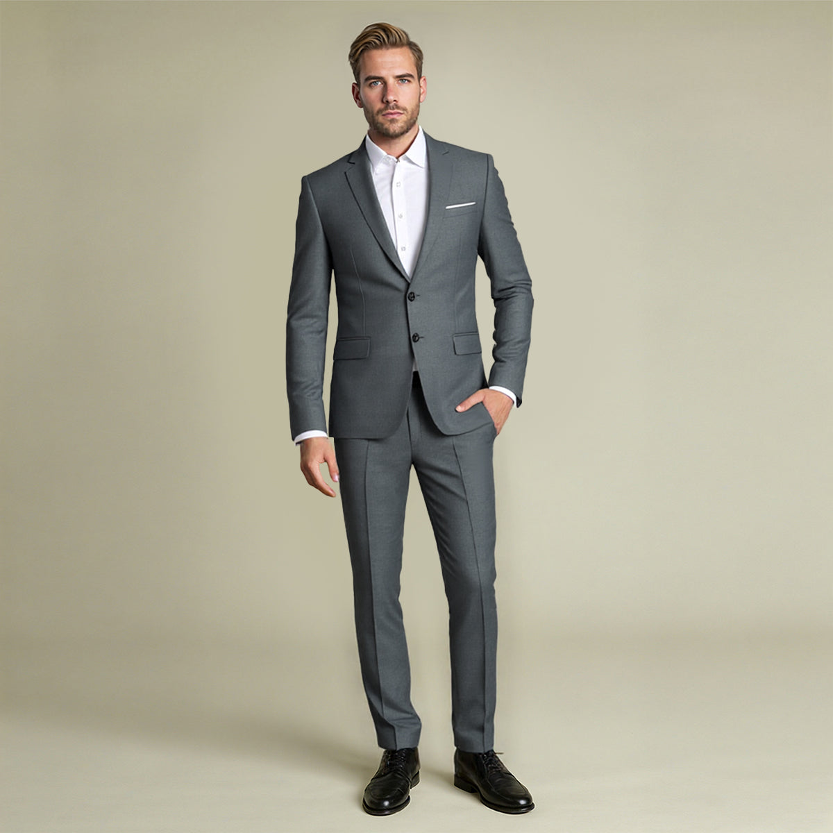 Grey # Men's slim fit 2-piece suit with peaked lapel and two-button closure, grey formal blazer jacket with four-button cuffs and matching flat-front trousers with extended waist strap, elegant polyester viscose blend suit for business, office, wedding and daily wear, isolated on white background.