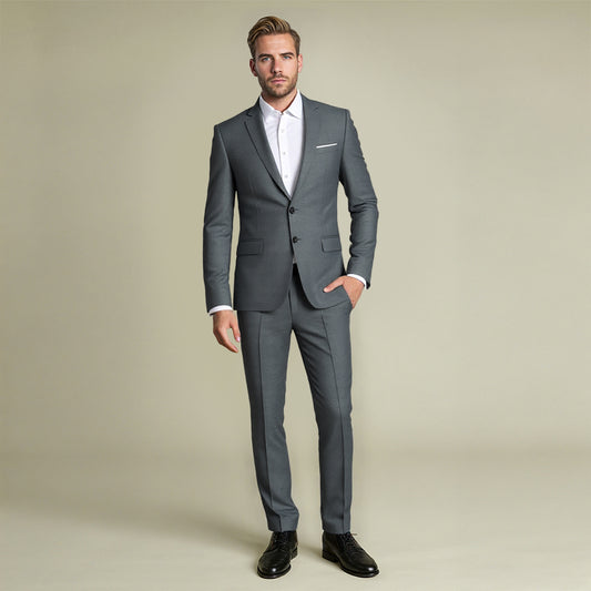 Grey # Men's slim fit 2-piece suit with peaked lapel and two-button closure, grey formal blazer jacket with four-button cuffs and matching flat-front trousers with extended waist strap, elegant polyester viscose blend suit for business, office, wedding and daily wear, isolated on white background.