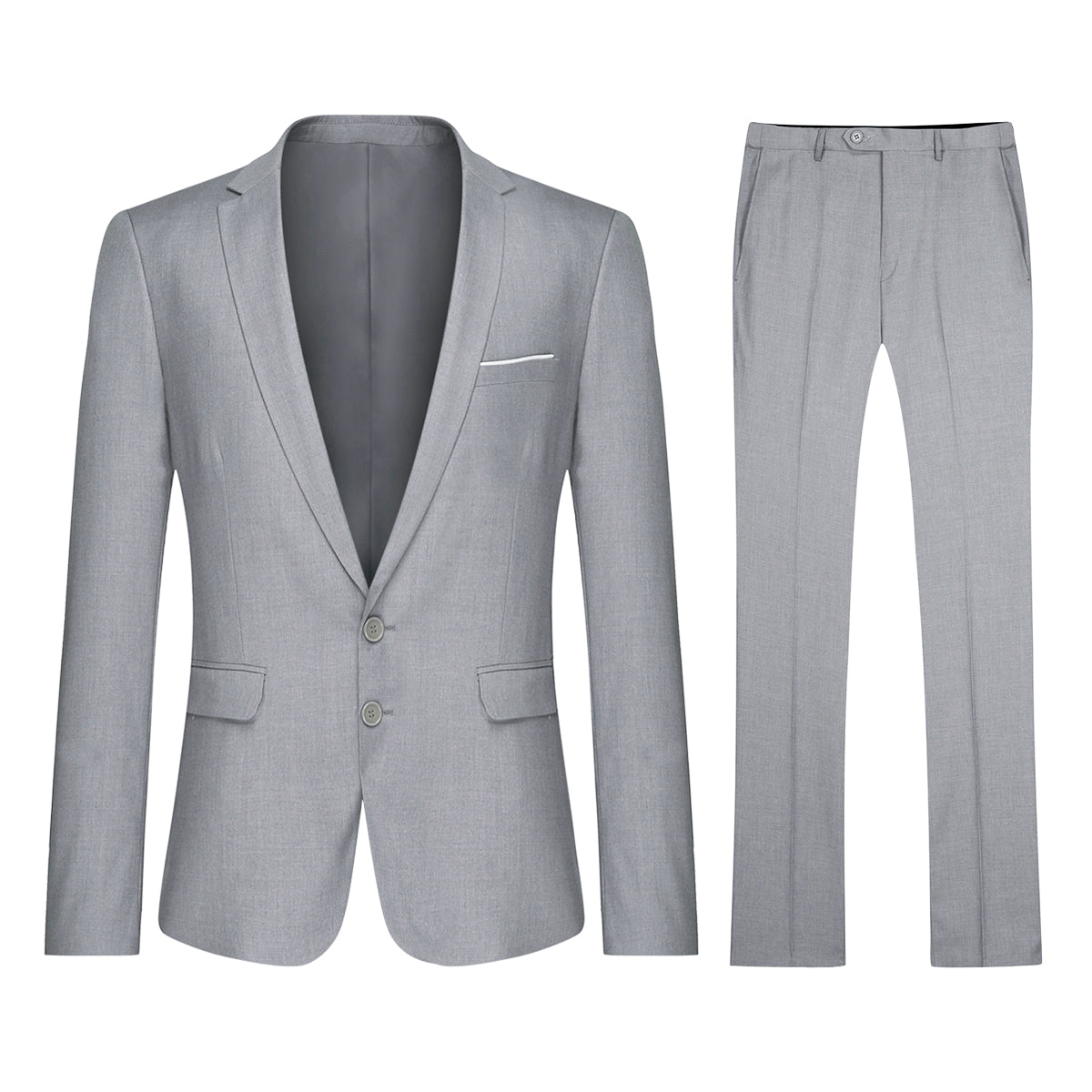 Light Grey # Men's slim fit 2-piece suit with peaked lapel and two-button closure, light grey formal blazer jacket with four-button cuffs and matching flat-front trousers with extended waist strap, classic elegant business wear for office, wedding, prom and daily occasions, isolated on white background.