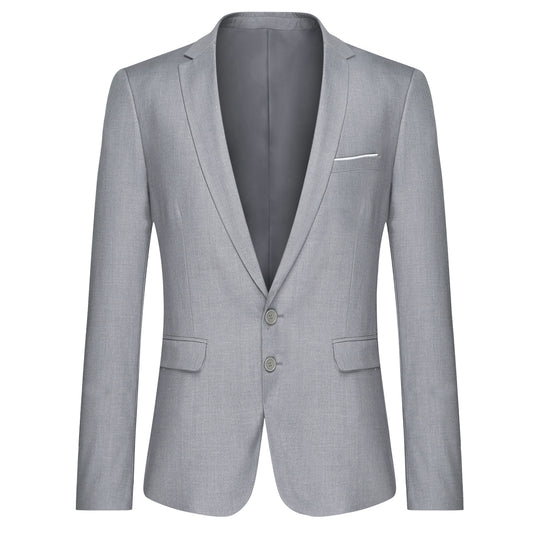 Light Grey # Men's slim fit 2-piece suit with peaked lapel and two-button closure, light grey formal blazer jacket with four-button cuffs and matching flat-front trousers with extended waist strap, classic elegant business wear for office, wedding, prom and daily occasions, isolated on white background.