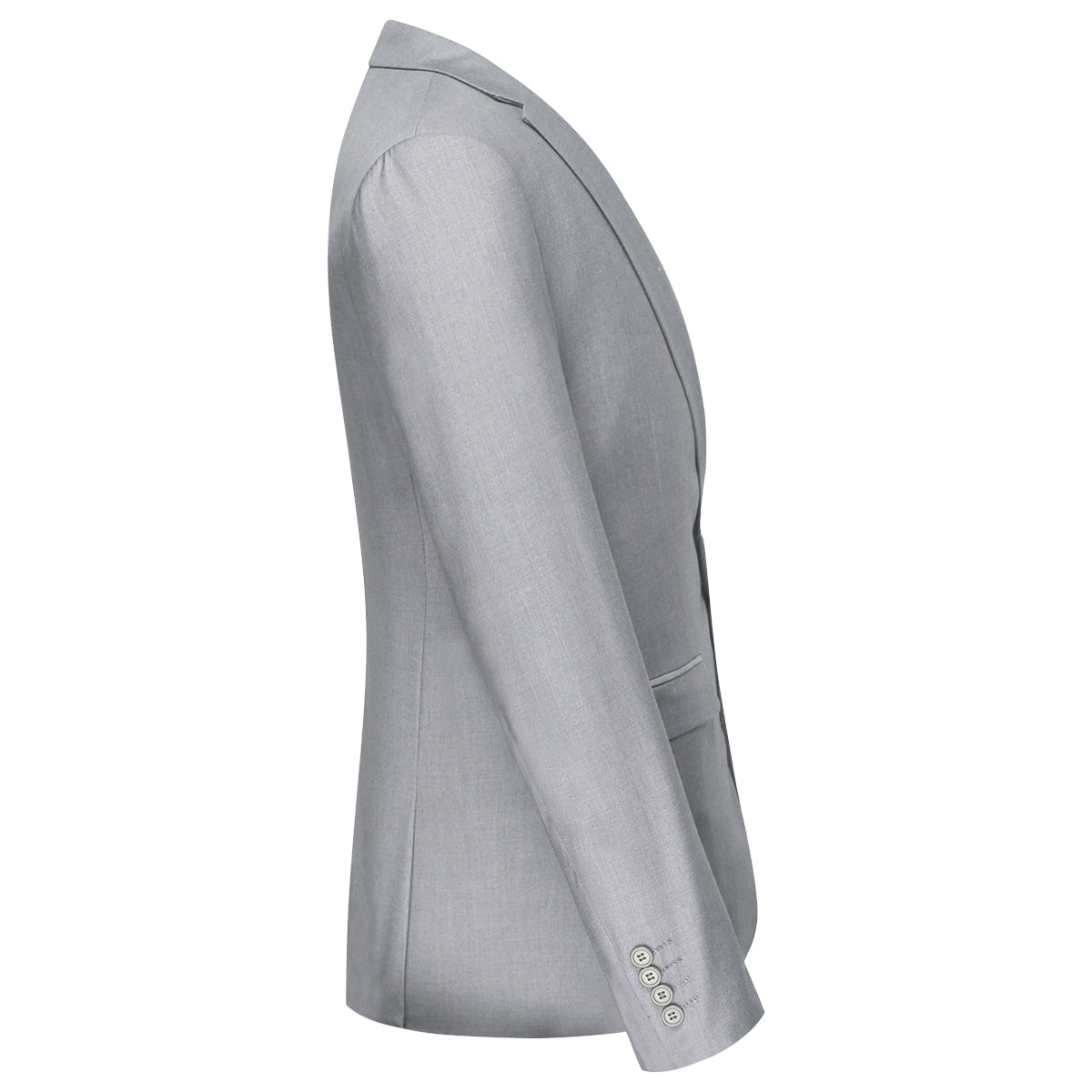Light Grey # Men's slim fit 2-piece suit with peaked lapel and two-button closure, light grey formal blazer jacket with four-button cuffs and matching flat-front trousers with extended waist strap, classic elegant business wear for office, wedding, prom and daily occasions, isolated on white background.