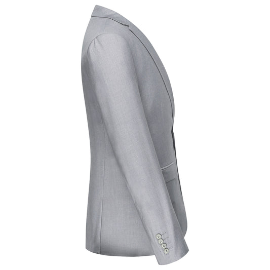 Light Grey # Men's slim fit 2-piece suit with peaked lapel and two-button closure, light grey formal blazer jacket with four-button cuffs and matching flat-front trousers with extended waist strap, classic elegant business wear for office, wedding, prom and daily occasions, isolated on white background.
