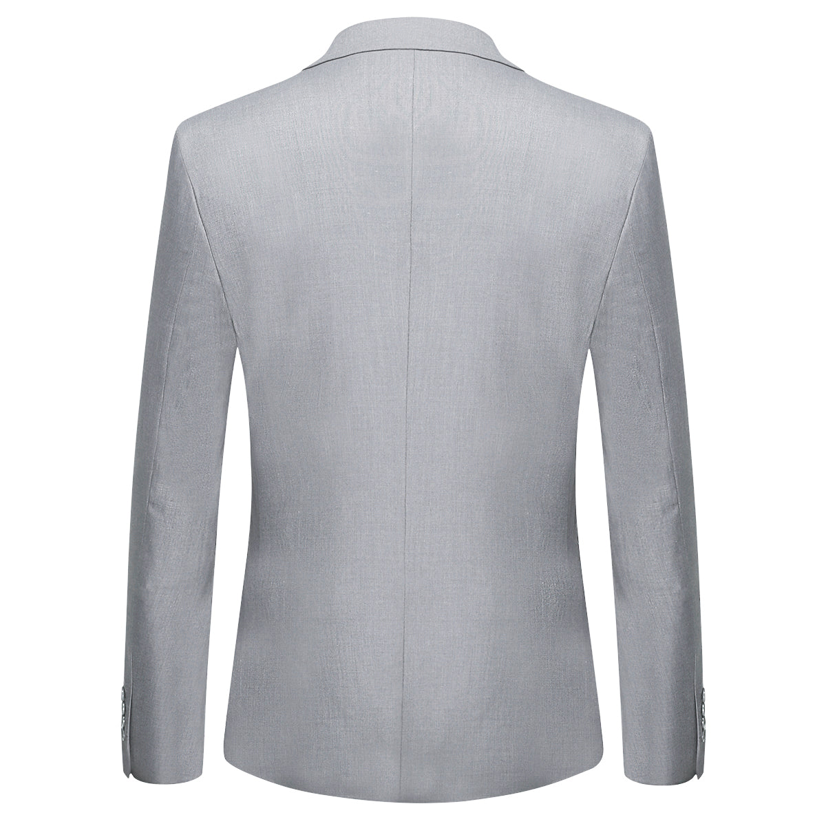 Light Grey # Men's slim fit 2-piece suit with peaked lapel and two-button closure, light grey formal blazer jacket with four-button cuffs and matching flat-front trousers with extended waist strap, classic elegant business wear for office, wedding, prom and daily occasions, isolated on white background.