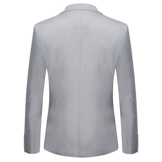 Light Grey # Men's slim fit 2-piece suit with peaked lapel and two-button closure, light grey formal blazer jacket with four-button cuffs and matching flat-front trousers with extended waist strap, classic elegant business wear for office, wedding, prom and daily occasions, isolated on white background.