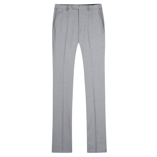 Light Grey # Men's slim fit 2-piece suit with peaked lapel and two-button closure, light grey formal blazer jacket with four-button cuffs and matching flat-front trousers with extended waist strap, classic elegant business wear for office, wedding, prom and daily occasions, isolated on white background.