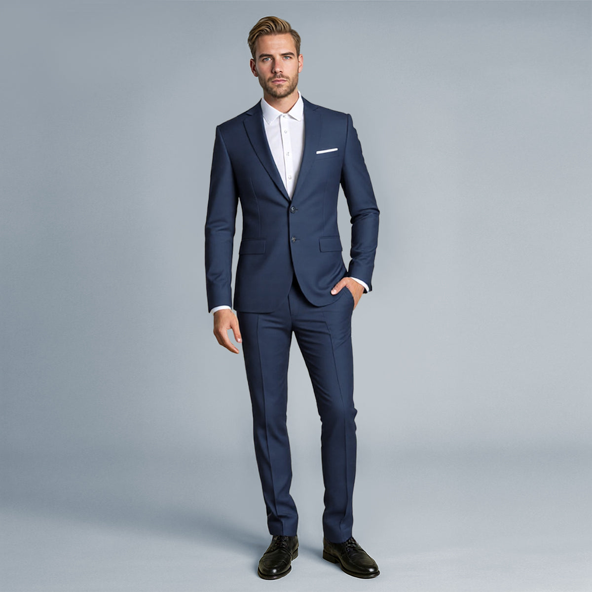 Navy # Men's slim fit 2-piece suit with peaked lapel and two-button closure, solid navy formal blazer jacket with four-button cuffs and matching flat-front trousers with extended waist strap, classic elegant business wear for office, wedding, prom and daily events, isolated on white background.