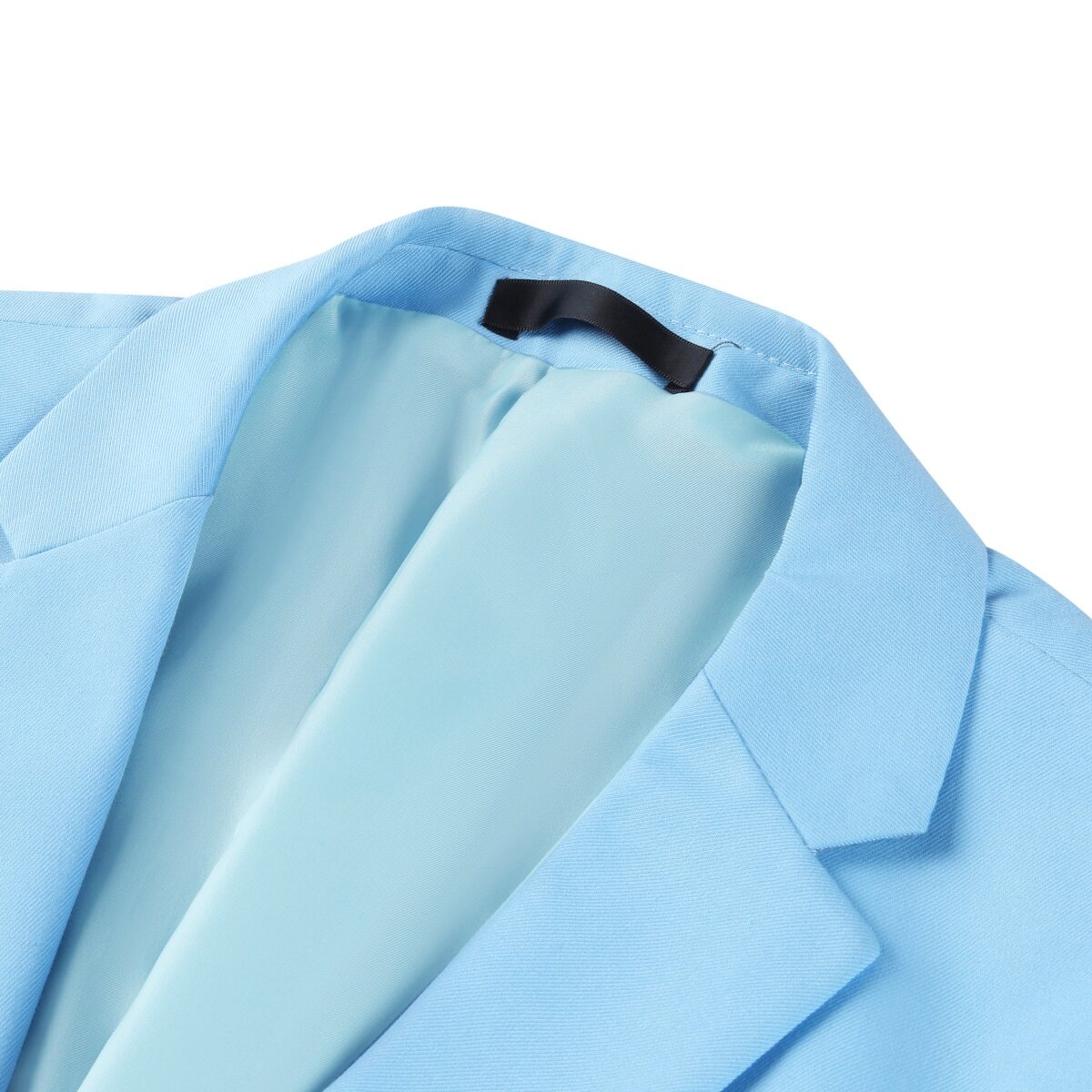 Sky Blue # Men's slim fit 2-piece suit with two-button peaked lapel and four-button cuffs, sky blue formal blazer jacket with matching flat-front trousers with extended waist strap, elegant business wear for office, wedding, prom and daily occasions, isolated on white background.