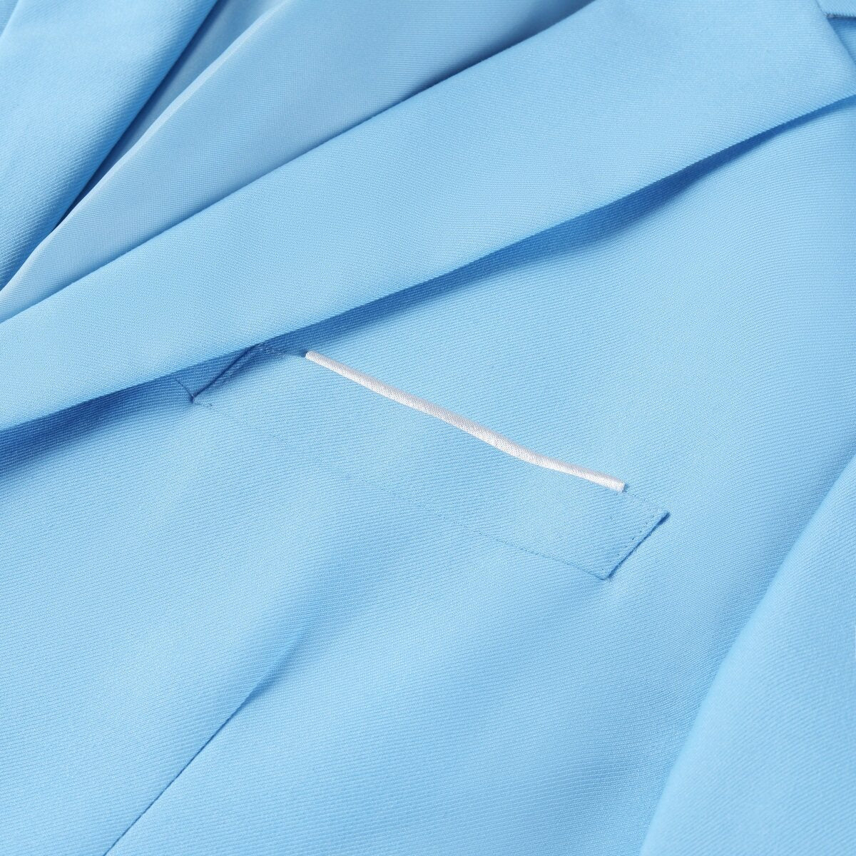 Sky Blue # Men's slim fit 2-piece suit with two-button peaked lapel and four-button cuffs, sky blue formal blazer jacket with matching flat-front trousers with extended waist strap, elegant business wear for office, wedding, prom and daily occasions, isolated on white background.