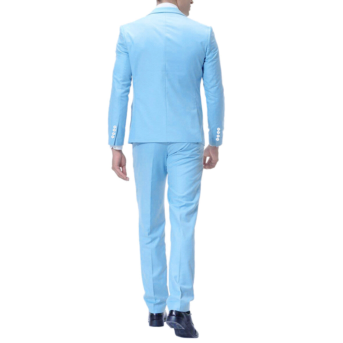 Sky Blue # Men's slim fit 2-piece suit with two-button peaked lapel and four-button cuffs, sky blue formal blazer jacket with matching flat-front trousers with extended waist strap, elegant business wear for office, wedding, prom and daily occasions, isolated on white background.