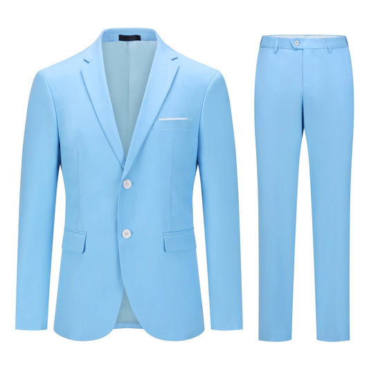 Sky Blue # Men's slim fit 2-piece suit with two-button peaked lapel and four-button cuffs, sky blue formal blazer jacket with matching flat-front trousers with extended waist strap, elegant business wear for office, wedding, prom and daily occasions, isolated on white background.