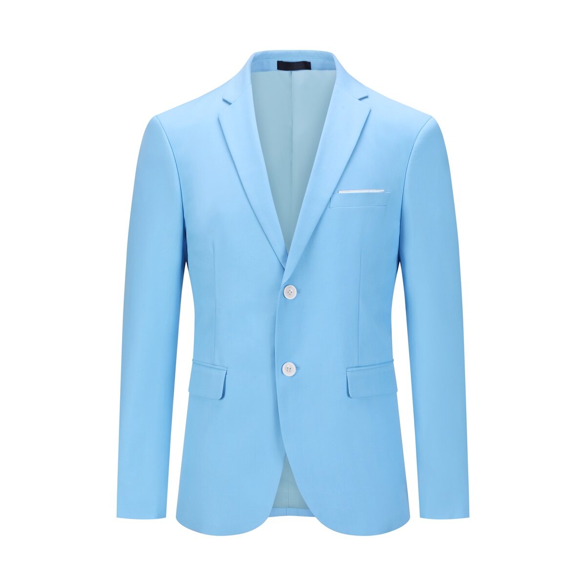 Sky Blue # Men's slim fit 2-piece suit with two-button peaked lapel and four-button cuffs, sky blue formal blazer jacket with matching flat-front trousers with extended waist strap, elegant business wear for office, wedding, prom and daily occasions, isolated on white background.