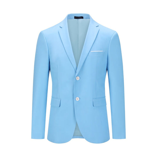 Sky Blue # Men's slim fit 2-piece suit with two-button peaked lapel and four-button cuffs, sky blue formal blazer jacket with matching flat-front trousers with extended waist strap, elegant business wear for office, wedding, prom and daily occasions, isolated on white background.