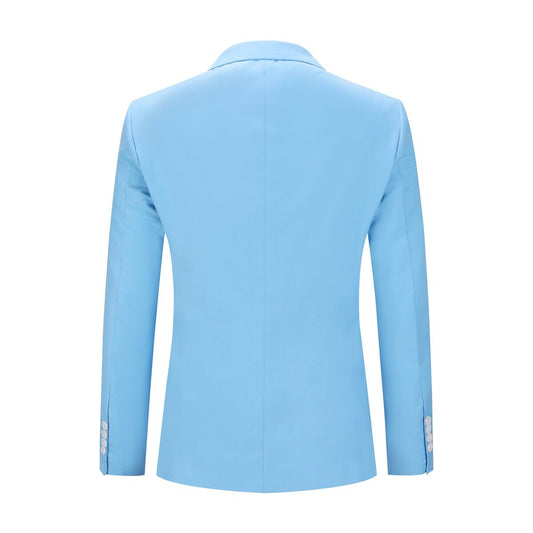 Sky Blue # Men's slim fit 2-piece suit with two-button peaked lapel and four-button cuffs, sky blue formal blazer jacket with matching flat-front trousers with extended waist strap, elegant business wear for office, wedding, prom and daily occasions, isolated on white background.