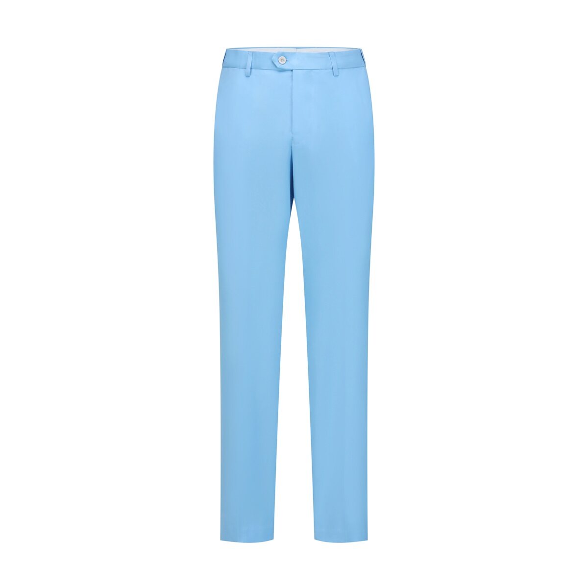 Sky Blue # Men's slim fit 2-piece suit with two-button peaked lapel and four-button cuffs, sky blue formal blazer jacket with matching flat-front trousers with extended waist strap, elegant business wear for office, wedding, prom and daily occasions, isolated on white background.
