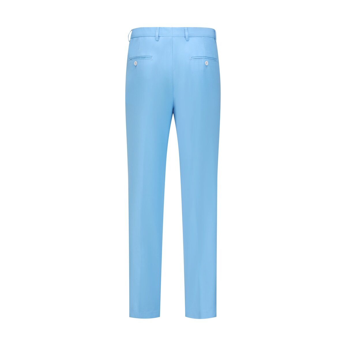 Sky Blue # Men's slim fit 2-piece suit with two-button peaked lapel and four-button cuffs, sky blue formal blazer jacket with matching flat-front trousers with extended waist strap, elegant business wear for office, wedding, prom and daily occasions, isolated on white background.