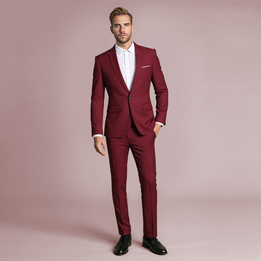 Wine Red # Men's slim fit 2-piece suit with two-button peaked lapel and four-button cuffs, wine red formal blazer jacket with matching flat-front trousers and extended waist strap, elegant polyester viscose blend business wear for office, wedding, prom and daily occasions, isolated on white background.