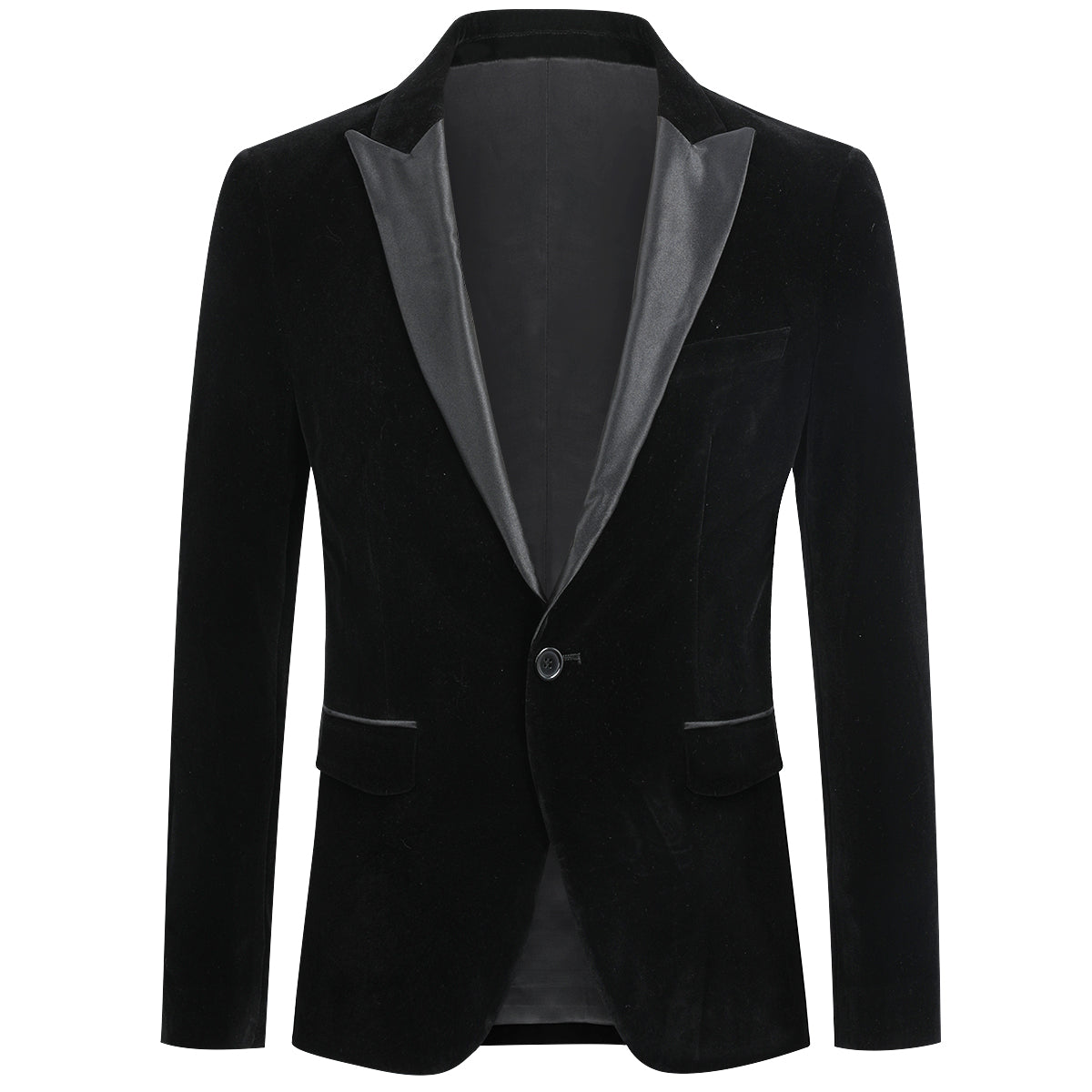 Black # Men's slim fit velvet tuxedo blazer with satin peaked lapel and single-breasted button closure, elegant black formal suit jacket with three-button cuffs and full lining for wedding, prom, party and evening events, isolated on white background.