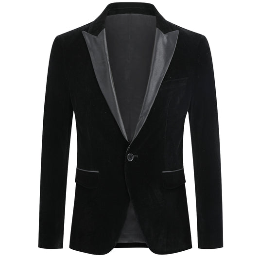 Black # Men's slim fit velvet tuxedo blazer with satin peaked lapel and single-breasted button closure, elegant black formal suit jacket with three-button cuffs and full lining for wedding, prom, party and evening events, isolated on white background.