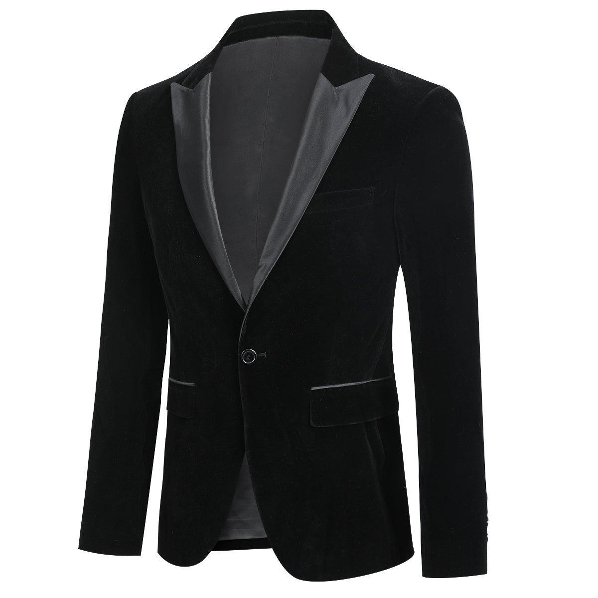 Black # Men's slim fit velvet tuxedo blazer with satin peaked lapel and single-breasted button closure, elegant black formal suit jacket with three-button cuffs and full lining for wedding, prom, party and evening events, isolated on white background.