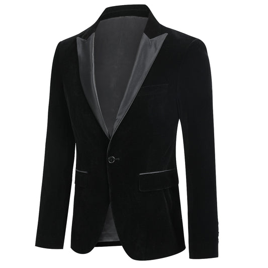 Black # Men's slim fit velvet tuxedo blazer with satin peaked lapel and single-breasted button closure, elegant black formal suit jacket with three-button cuffs and full lining for wedding, prom, party and evening events, isolated on white background.