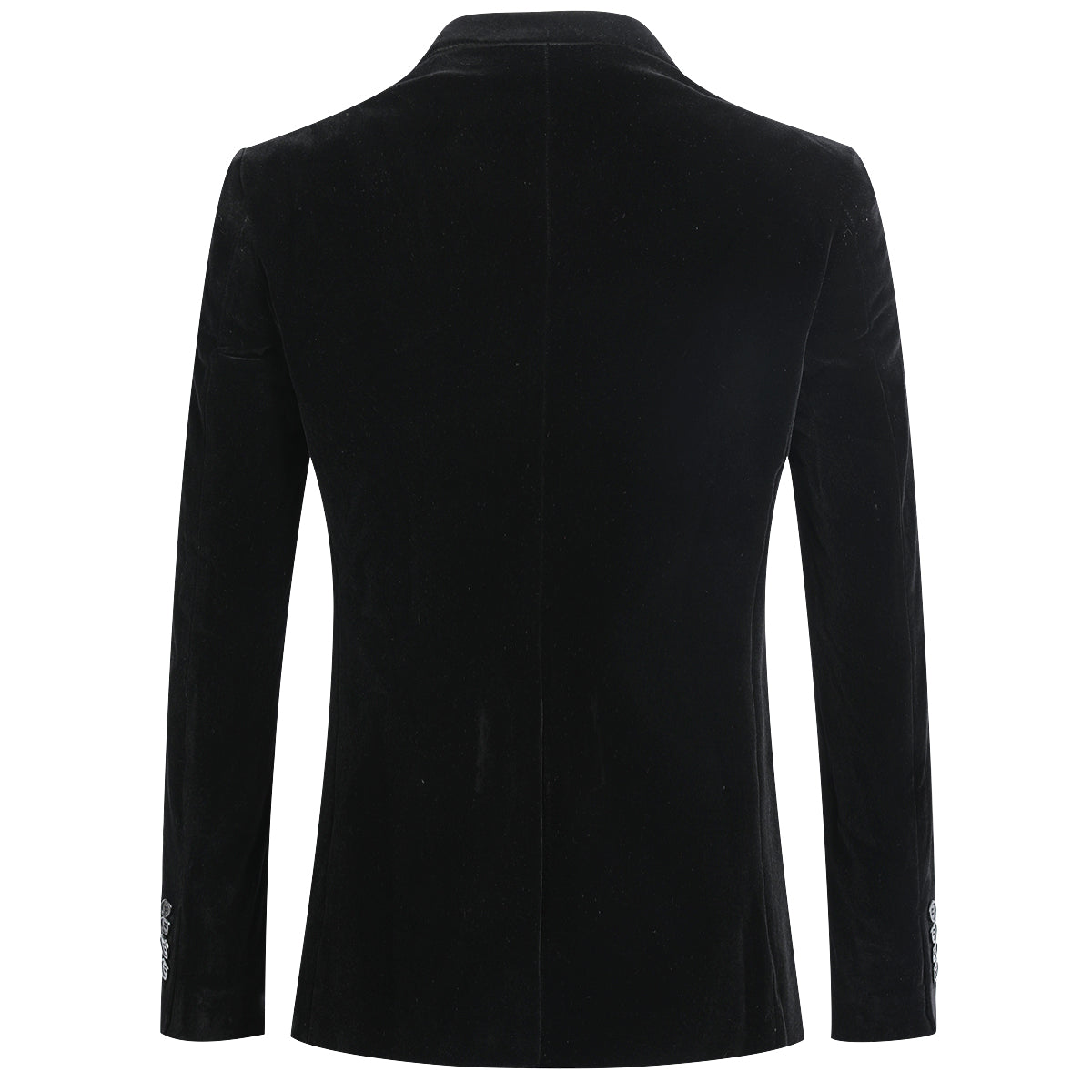 Black # Men's slim fit velvet tuxedo blazer with satin peaked lapel and single-breasted button closure, elegant black formal suit jacket with three-button cuffs and full lining for wedding, prom, party and evening events, isolated on white background.