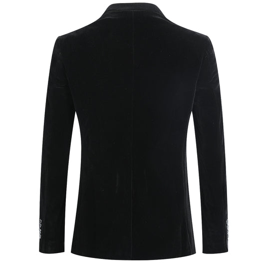 Black # Men's slim fit velvet tuxedo blazer with satin peaked lapel and single-breasted button closure, elegant black formal suit jacket with three-button cuffs and full lining for wedding, prom, party and evening events, isolated on white background.