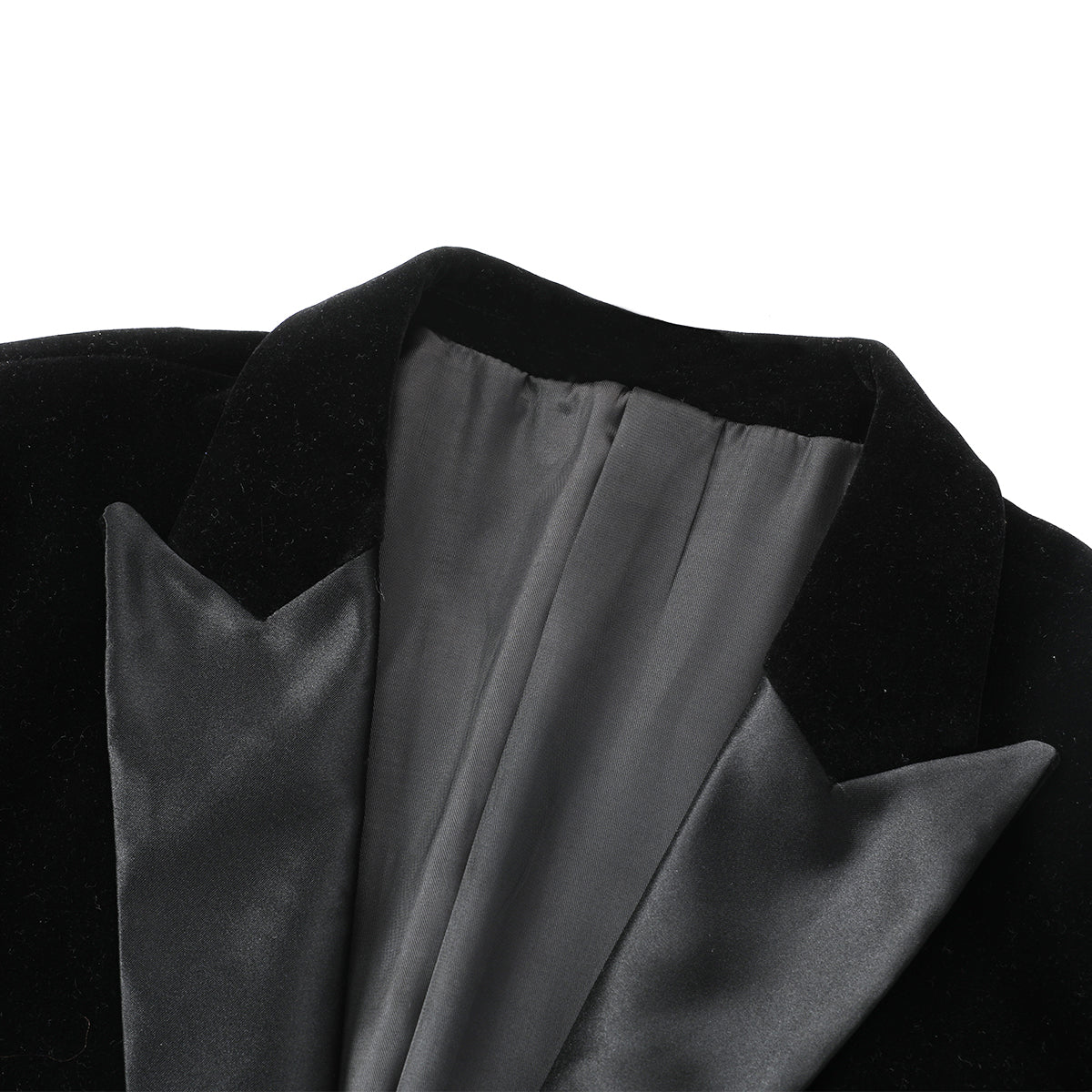 Black # Men's slim fit velvet tuxedo blazer with satin peaked lapel and single-breasted button closure, elegant black formal suit jacket with three-button cuffs and full lining for wedding, prom, party and evening events, isolated on white background.