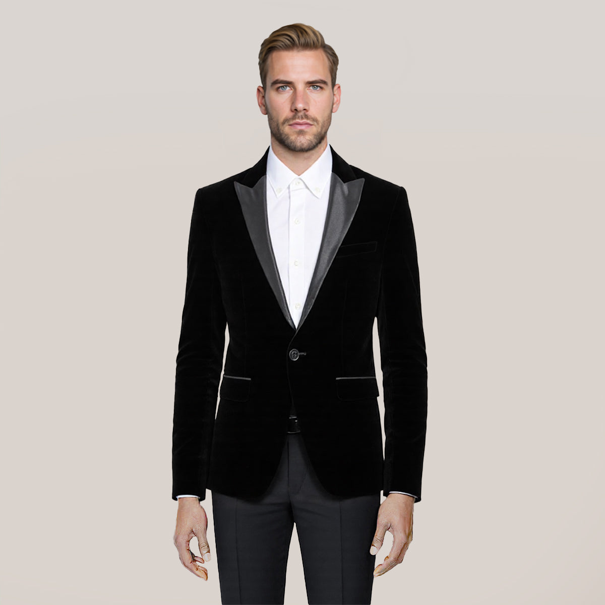 Black # Men's slim fit velvet tuxedo blazer with satin peaked lapel and single-breasted button closure, elegant black formal suit jacket with three-button cuffs and full lining for wedding, prom, party and evening events, isolated on white background.