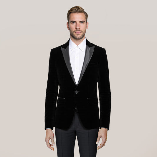 Black # Men's slim fit velvet tuxedo blazer with satin peaked lapel and single-breasted button closure, elegant black formal suit jacket with three-button cuffs and full lining for wedding, prom, party and evening events, isolated on white background.