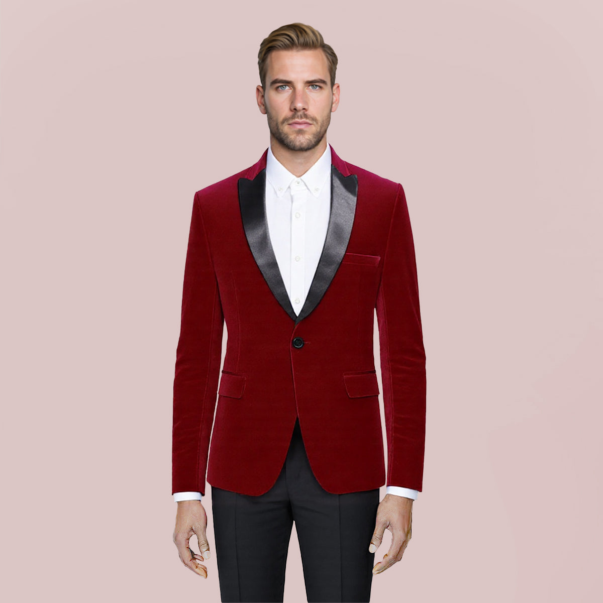 Maroon # Men's slim fit velvet fashion blazer with satin peaked lapel and single-breasted button closure, maroon pleuche tuxedo jacket with 3-button cuffs and fully lined interior, soft stretchy polyester spandex formal coat for party, prom, wedding, banquet and special occasions, isolated on white background.