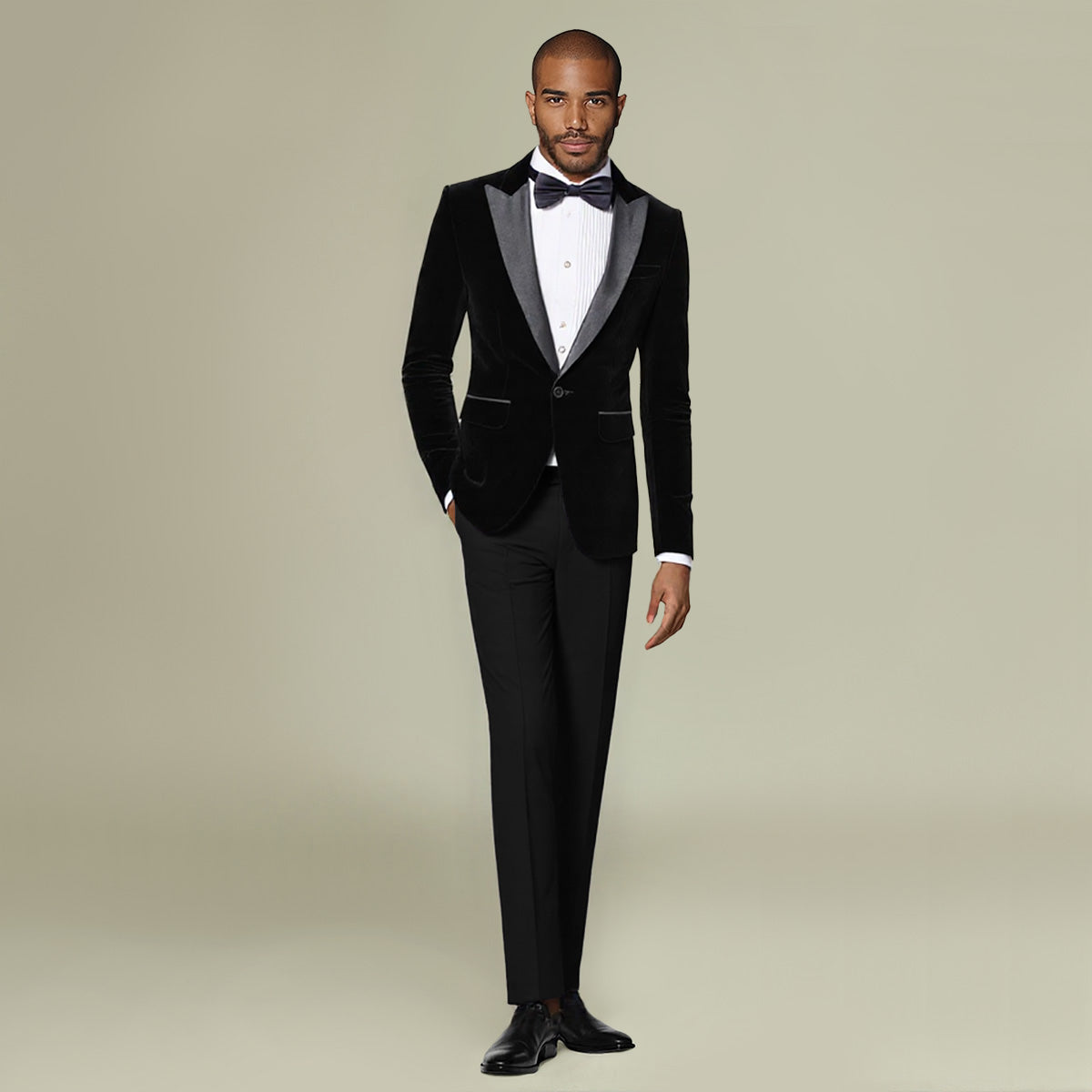 Black # Men's slim fit 2-piece pleuche velvet tuxedo suit with satin peaked lapel and single-breasted closure, black formal blazer jacket with center back vent and fully lined interior, matching flat-front trousers for wedding, prom, party and formal occasions, isolated on white background.
