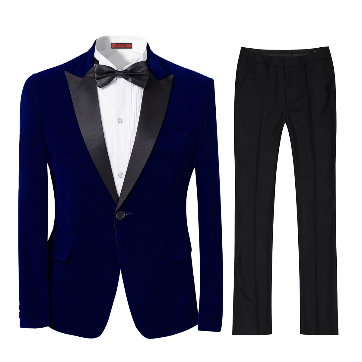 Blue # Men's slim fit 2-piece velvet tuxedo suit with satin peaked lapel and single-breasted button closure, blue pleuche formal blazer jacket with center vent and fully lined interior, matching flat-front trousers for prom, wedding, party and formal occasions, isolated on white background.