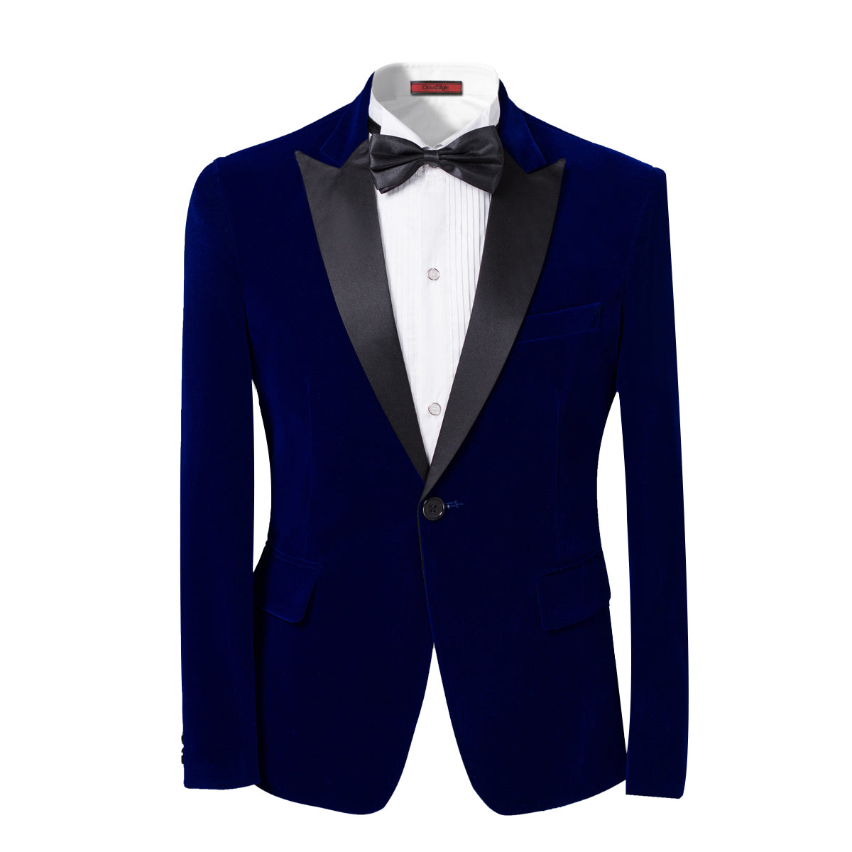 Blue # Men's slim fit 2-piece velvet tuxedo suit with satin peaked lapel and single-breasted button closure, blue pleuche formal blazer jacket with center vent and fully lined interior, matching flat-front trousers for prom, wedding, party and formal occasions, isolated on white background.