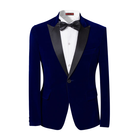 Blue # Men's slim fit 2-piece velvet tuxedo suit with satin peaked lapel and single-breasted button closure, blue pleuche formal blazer jacket with center vent and fully lined interior, matching flat-front trousers for prom, wedding, party and formal occasions, isolated on white background.