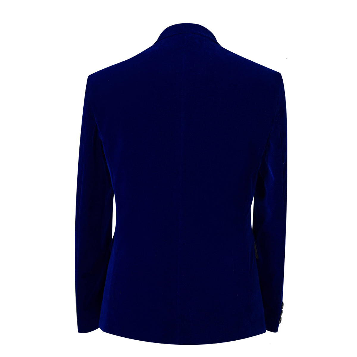 Blue # Men's slim fit 2-piece velvet tuxedo suit with satin peaked lapel and single-breasted button closure, blue pleuche formal blazer jacket with center vent and fully lined interior, matching flat-front trousers for prom, wedding, party and formal occasions, isolated on white background.