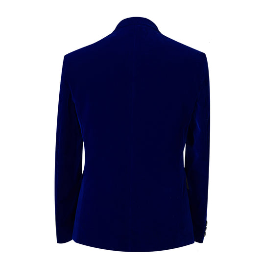Blue # Men's slim fit 2-piece velvet tuxedo suit with satin peaked lapel and single-breasted button closure, blue pleuche formal blazer jacket with center vent and fully lined interior, matching flat-front trousers for prom, wedding, party and formal occasions, isolated on white background.