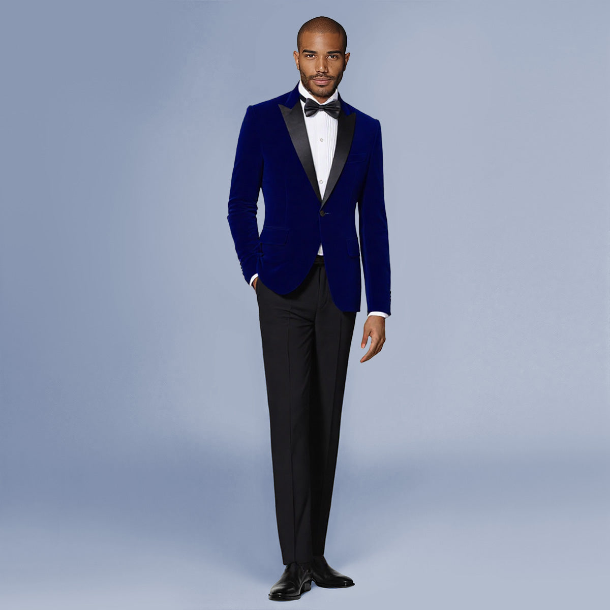 Blue # Men's slim fit 2-piece velvet tuxedo suit with satin peaked lapel and single-breasted button closure, blue pleuche formal blazer jacket with center vent and fully lined interior, matching flat-front trousers for prom, wedding, party and formal occasions, isolated on white background.