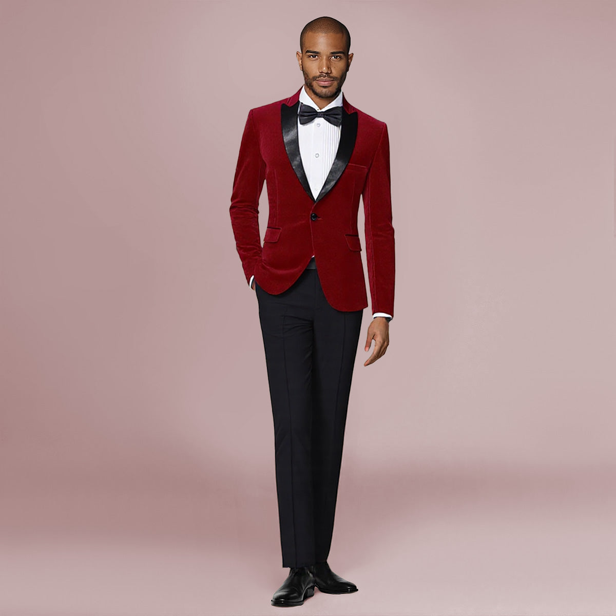 Maroon # Men's slim fit 2-piece pleuche velvet tuxedo suit with satin peaked lapel and single-breasted button closure, maroon formal blazer jacket with center vent and fully lined interior, matching flat-front trousers for wedding, prom, party and formal occasions, isolated on white background.