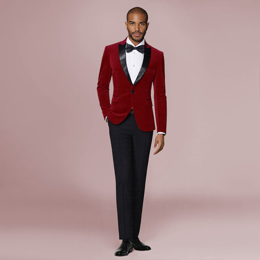 Maroon # Men's slim fit 2-piece pleuche velvet tuxedo suit with satin peaked lapel and single-breasted button closure, maroon formal blazer jacket with center vent and fully lined interior, matching flat-front trousers for wedding, prom, party and formal occasions, isolated on white background.