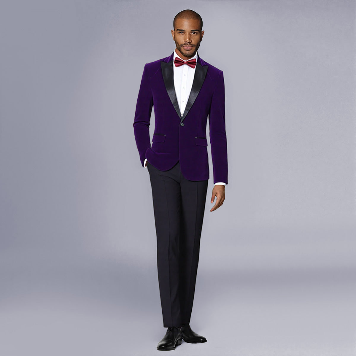 Purple # Men's slim fit 2-piece velvet tuxedo suit with satin peaked lapel and single-breasted button closure, purple pleuche formal blazer jacket with center back vent and fully lined interior, matching flat-front trousers for wedding, prom, party and formal occasions, isolated on white background.