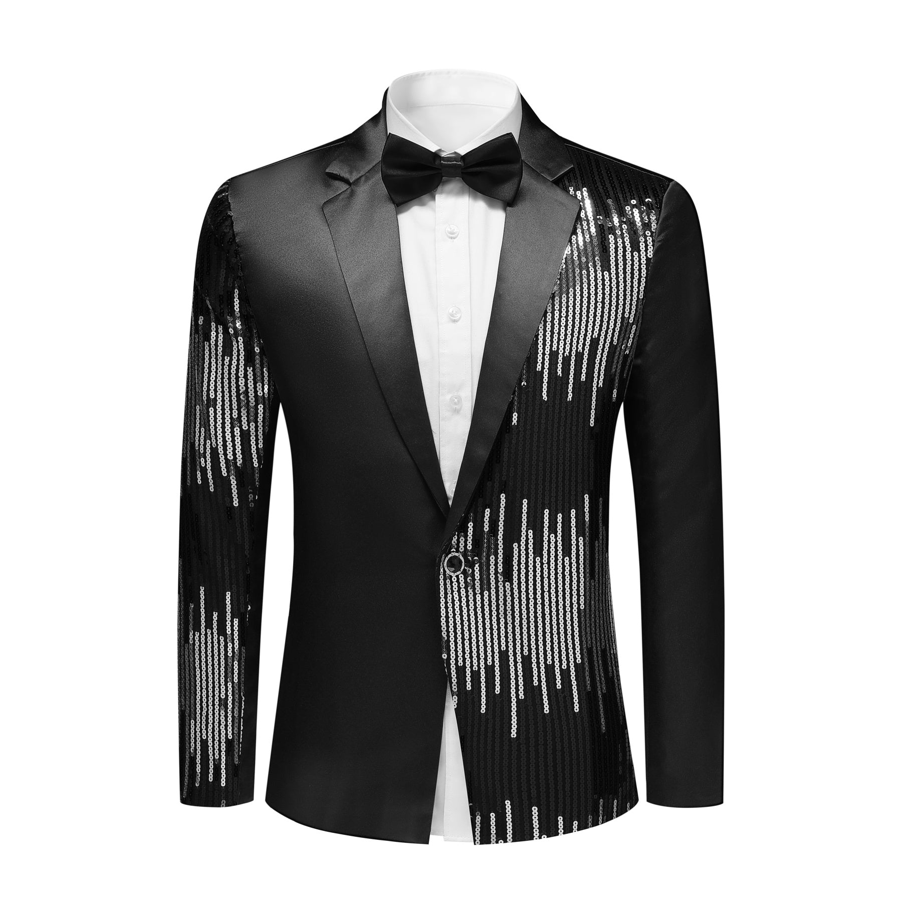 Black # Men's prom stylish round sequin blazer with exquisite button closure, shiny black sequin suit jacket with unique design for party, prom, wedding and stage performance, isolated on white background.