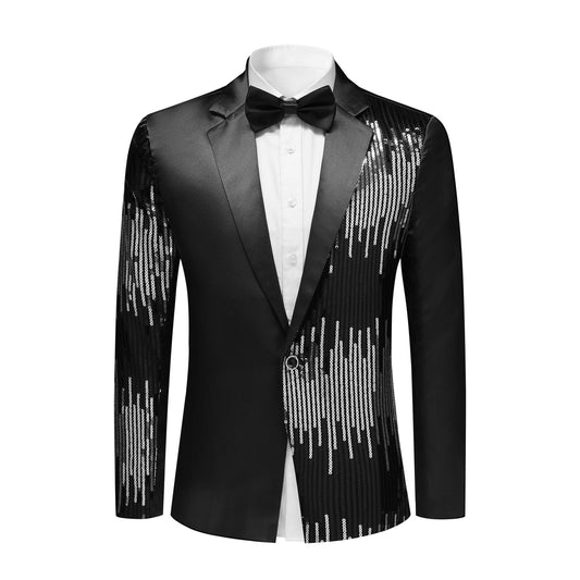 Black # Men's prom stylish round sequin blazer with exquisite button closure, shiny black sequin suit jacket with unique design for party, prom, wedding and stage performance, isolated on white background.