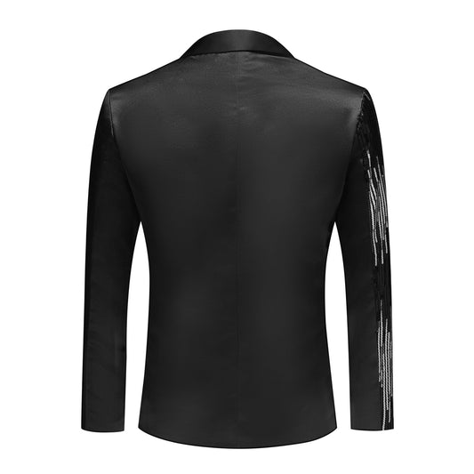 Black # Men's prom stylish round sequin blazer with exquisite button closure, shiny black sequin suit jacket with unique design for party, prom, wedding and stage performance, isolated on white background.