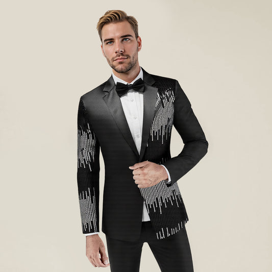 Black # Men's prom stylish round sequin blazer with exquisite button closure, shiny black sequin suit jacket with unique design for party, prom, wedding and stage performance, isolated on white background.