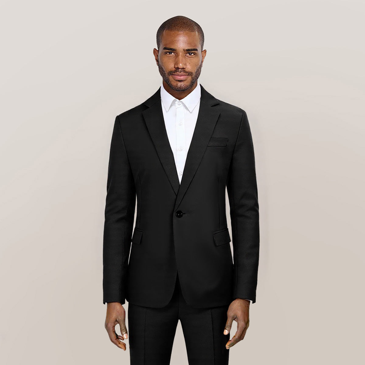 Black # Men's slim fit one-button casual blazer with notched lapel and dual side vents, black tailored sport coat with two front flap pockets and shiny fabric for business, office, wedding and daily wear, isolated on white background.